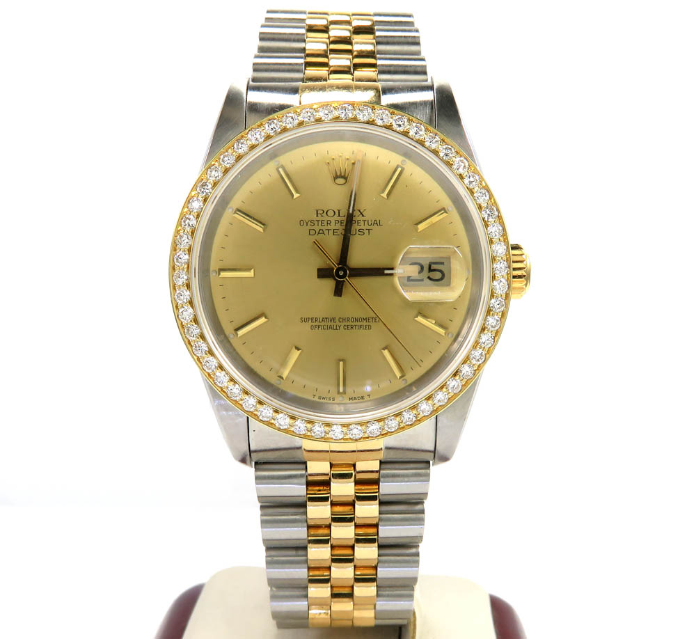 Rolex date just perpetual two tone 36mm custom diamond bezel 1.50ct