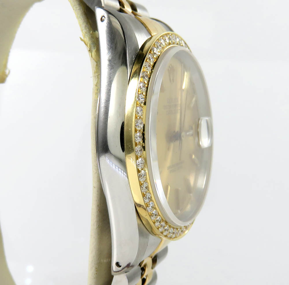 Rolex date just perpetual two tone 36mm custom diamond bezel 1.50ct