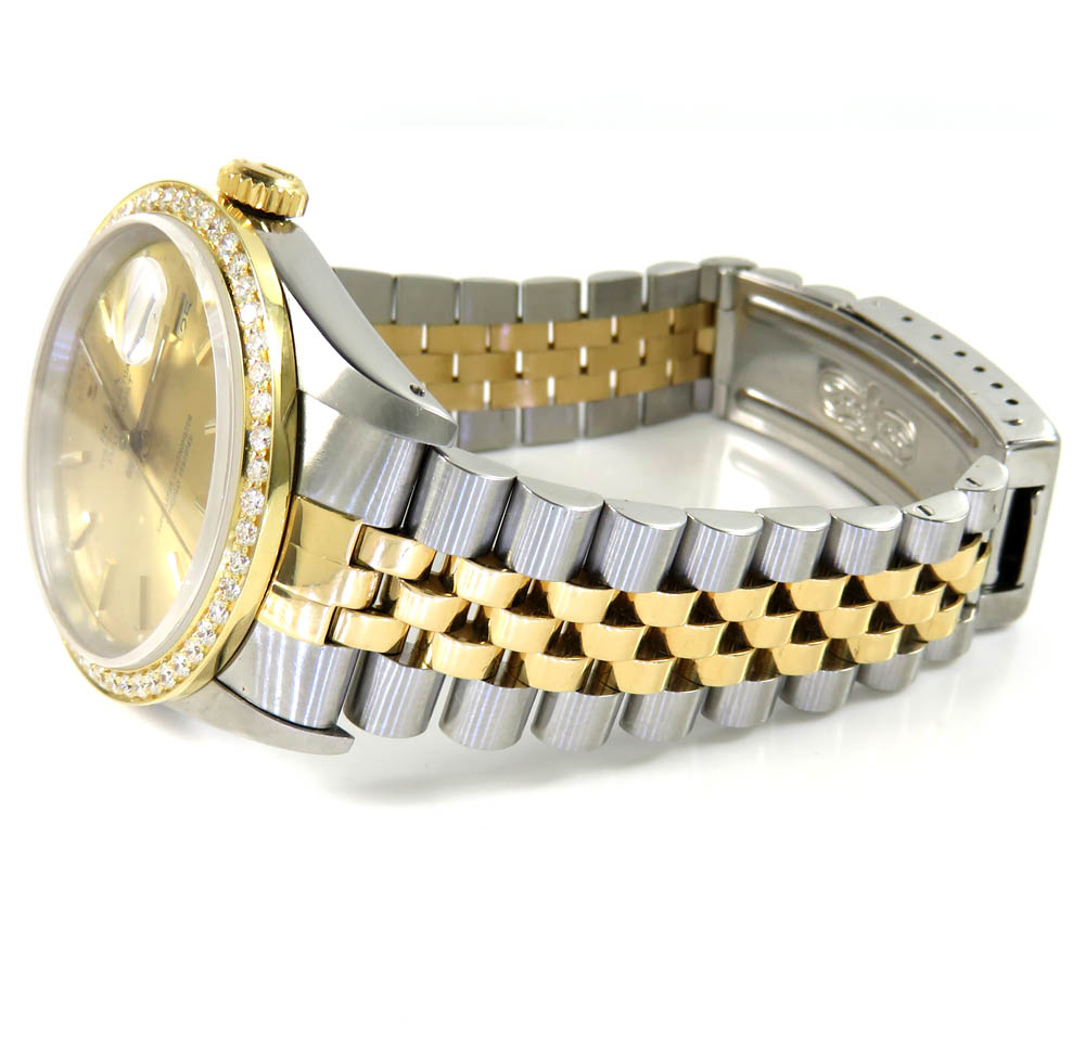 Rolex date just perpetual two tone 36mm custom diamond bezel 1.50ct