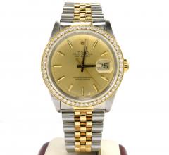 Rolex date just perpetual two tone 36mm custom diamond bezel 1.50ct