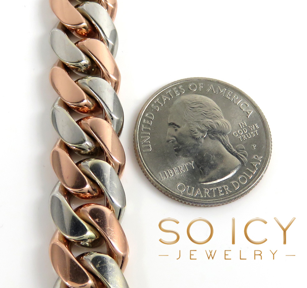 10k two tone solid white & rose gold miami bracelet 8.50 inch 13mm 