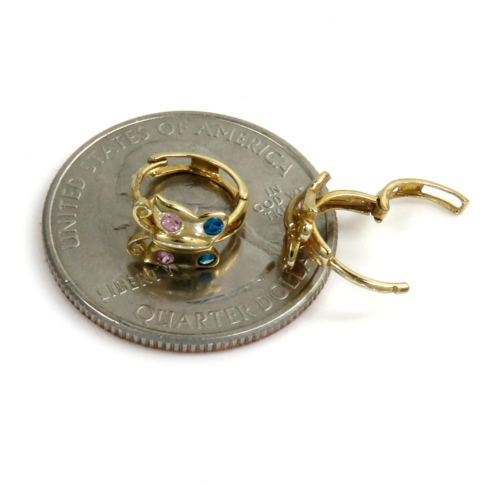 14k yellow gold kids blue & pink cz butterfly earrings 0.10ct - Image 2