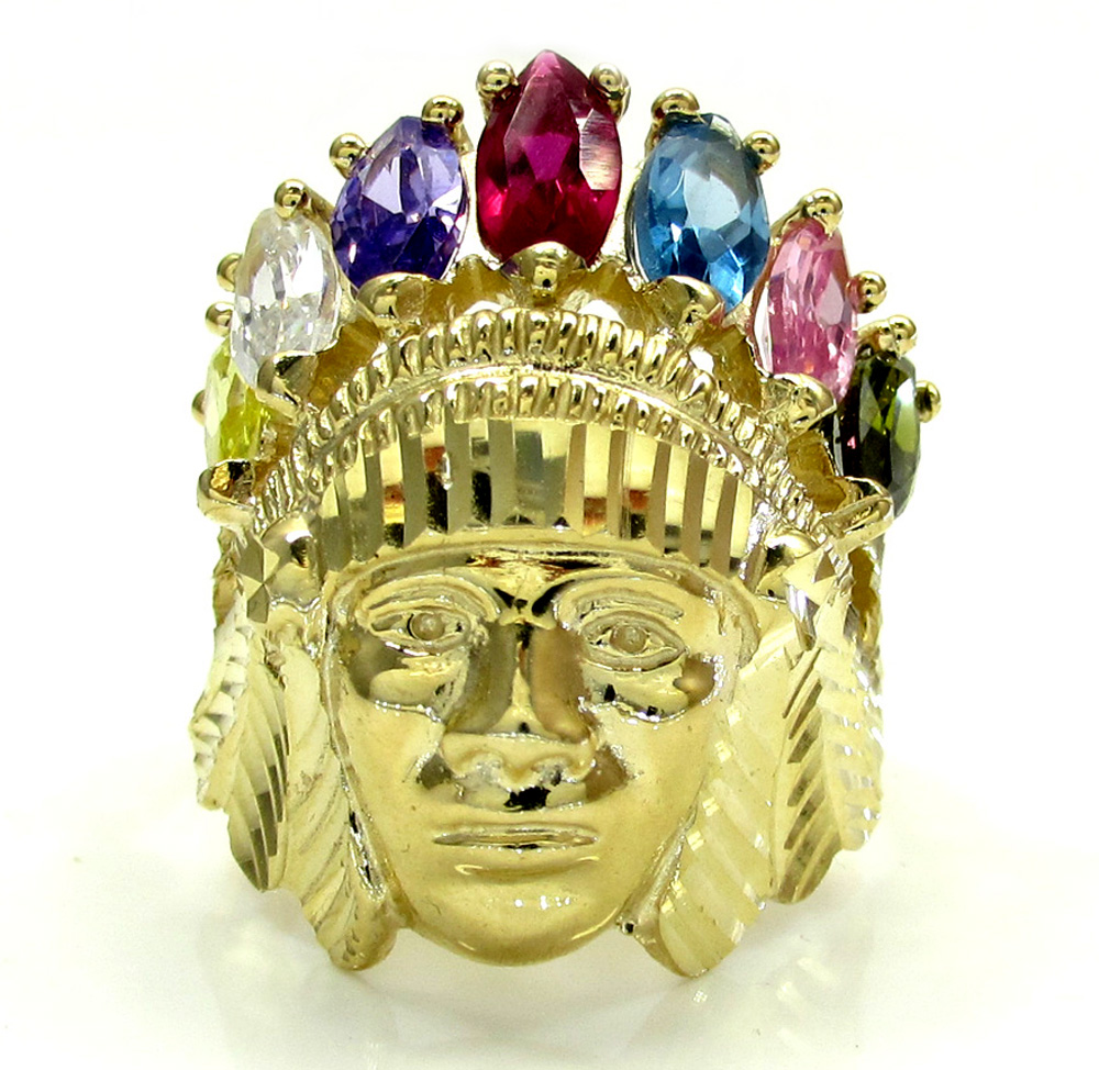 Mens 14k yellow gold multi cz ruby indian chief ring 