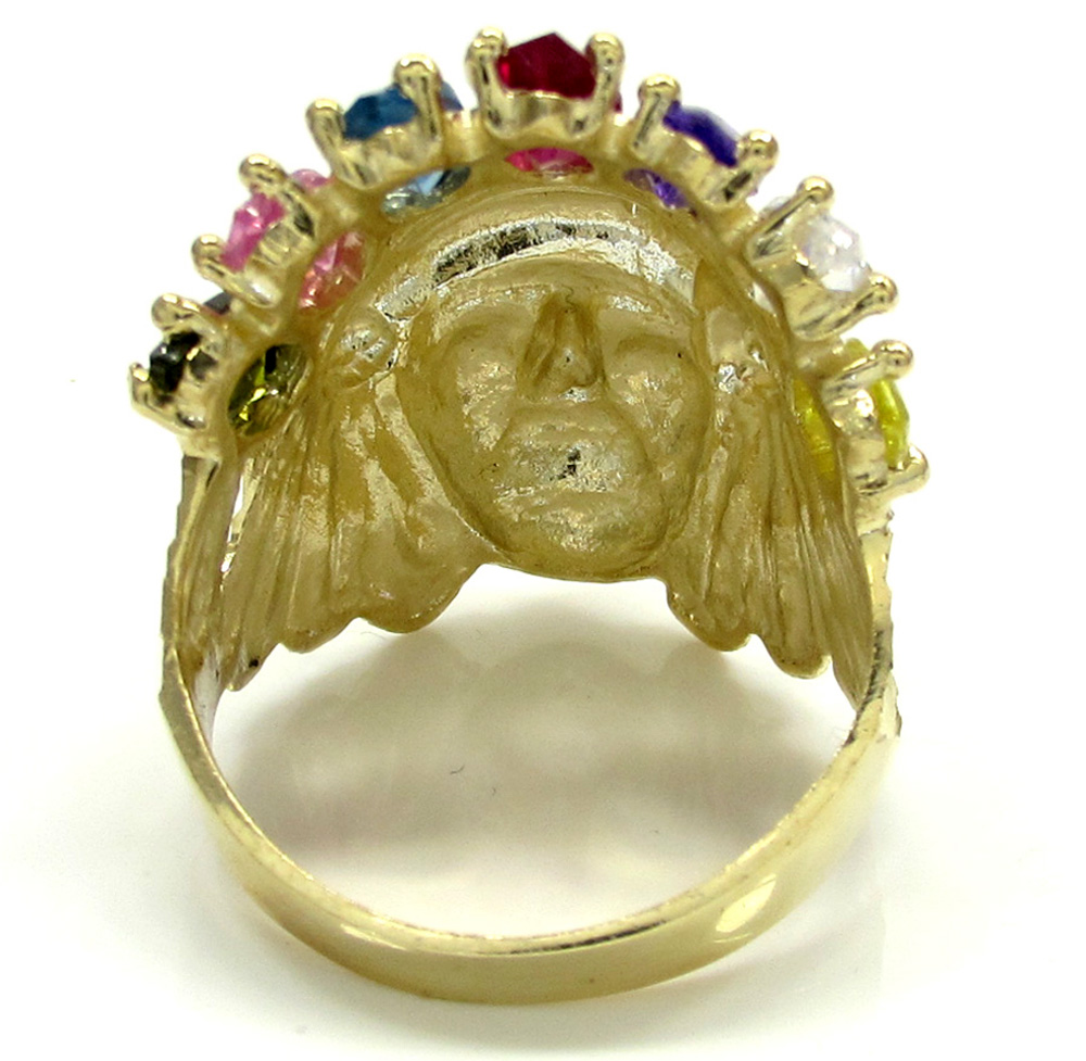 Mens 14k yellow gold multi cz ruby indian chief ring 