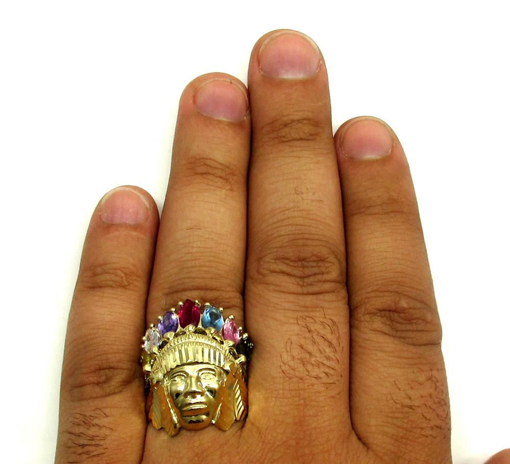 Mens 14k yellow gold multi cz ruby indian chief ring 