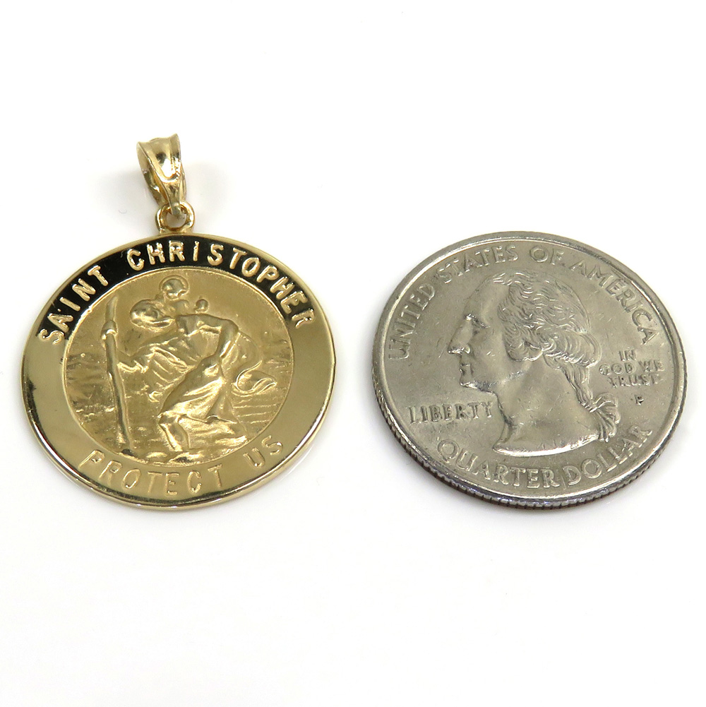 14k yellow gold small saint christopher protect us coin pendant 