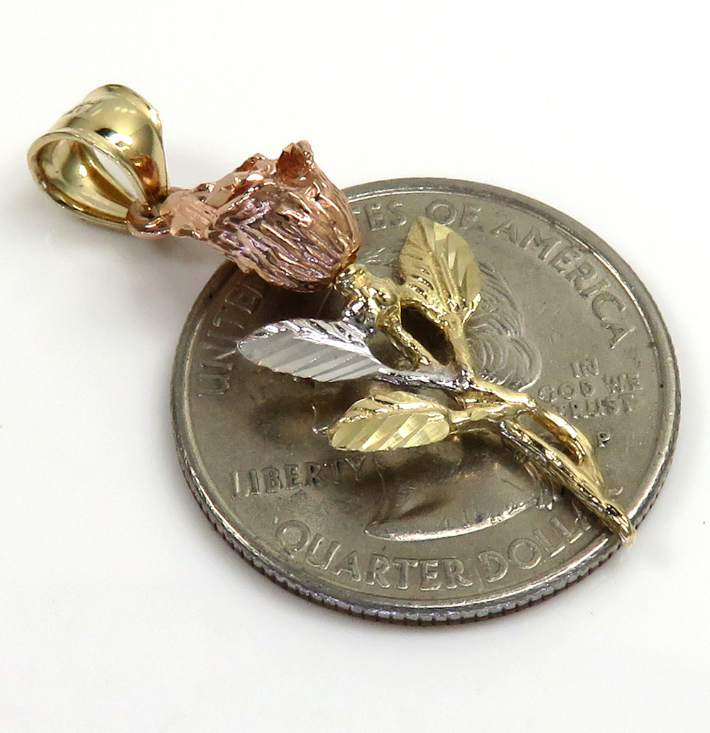 14k yellow gold small three tone rose flower pendant 