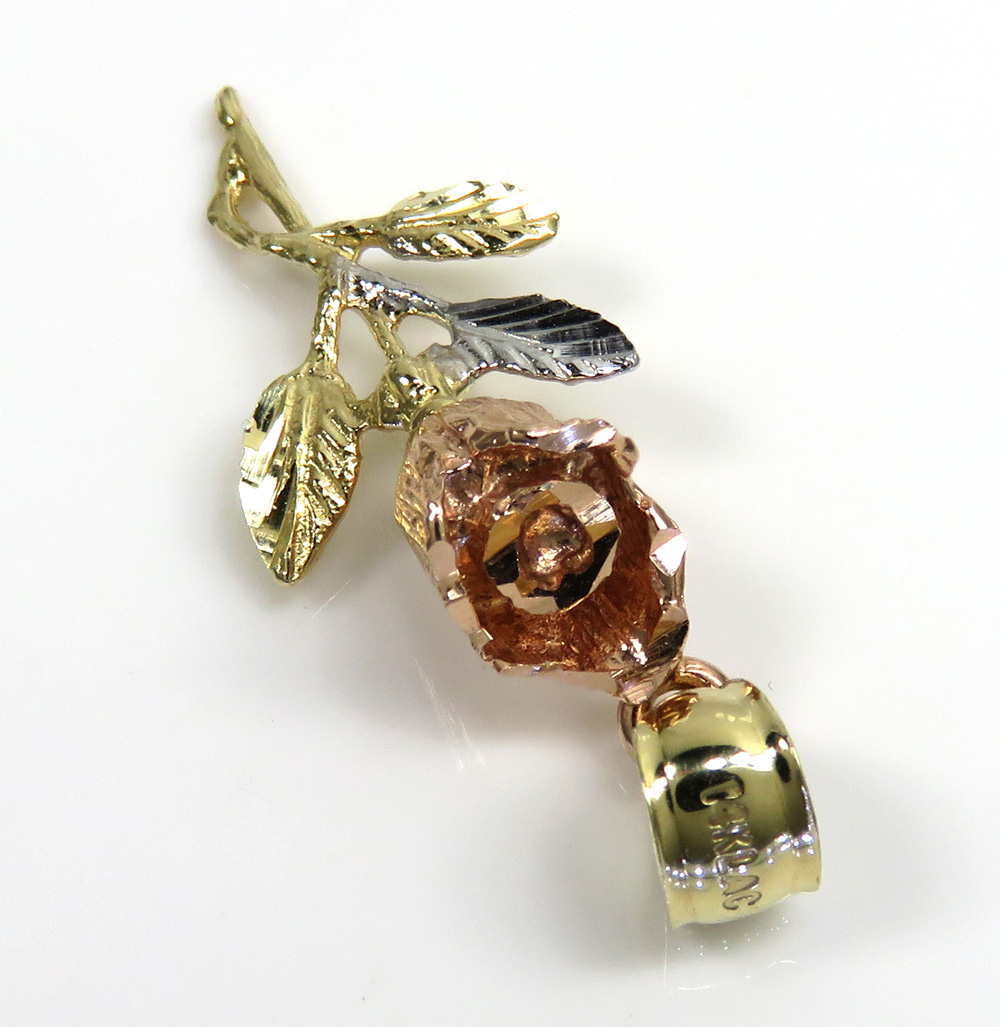 14k yellow gold small three tone rose flower pendant 