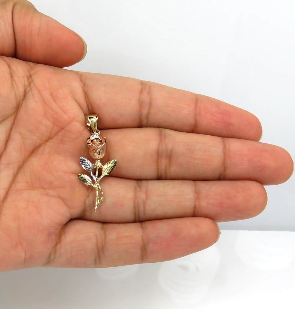 14k yellow gold small three tone rose flower pendant 