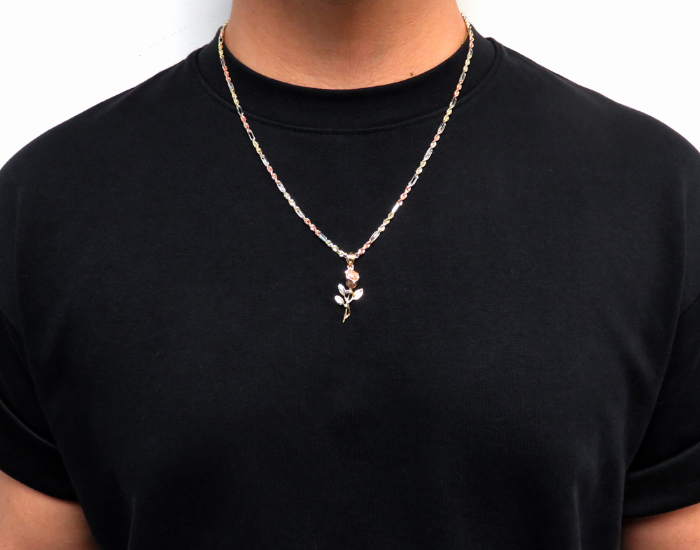 14k yellow gold small three tone rose flower pendant  - Image 7