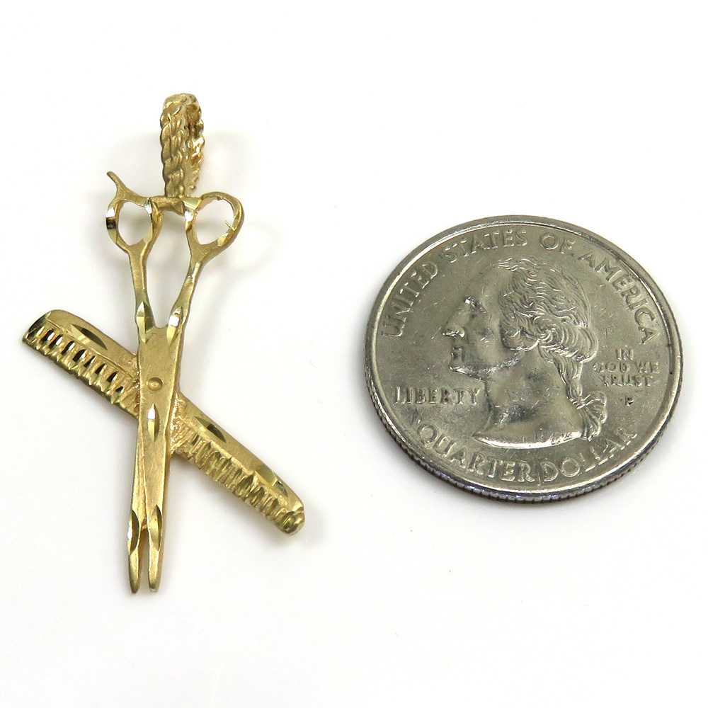 14k yellow gold diamond cut comb & scissors barber pendant 