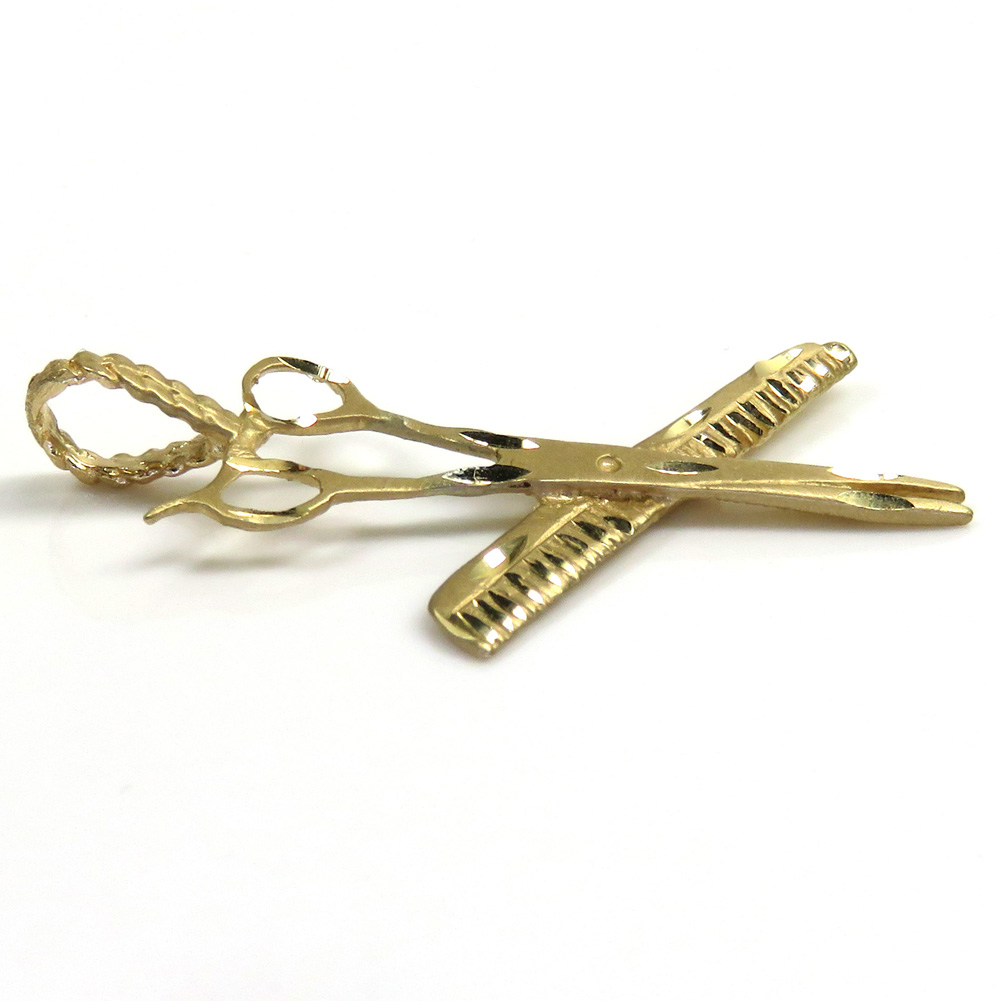 14k yellow gold diamond cut comb & scissors barber pendant 