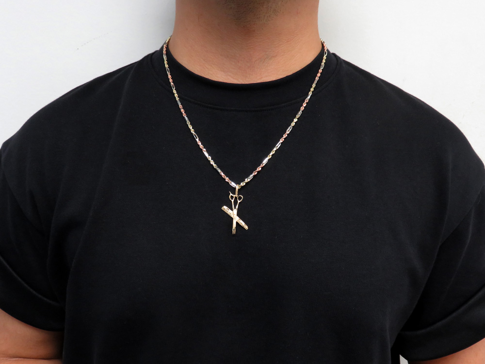 14k yellow gold diamond cut comb & scissors barber pendant 