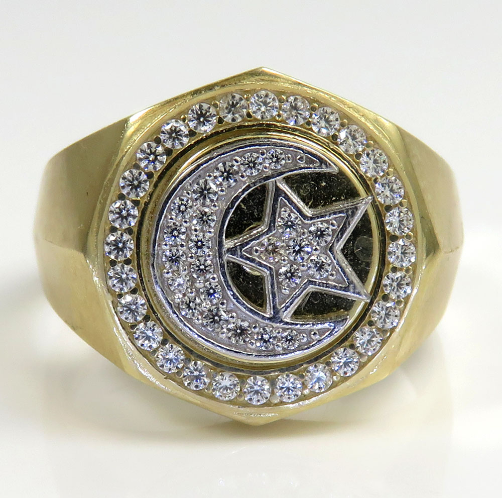10k two tone gold cz islam crescent moon and star religious ring 1.50ct