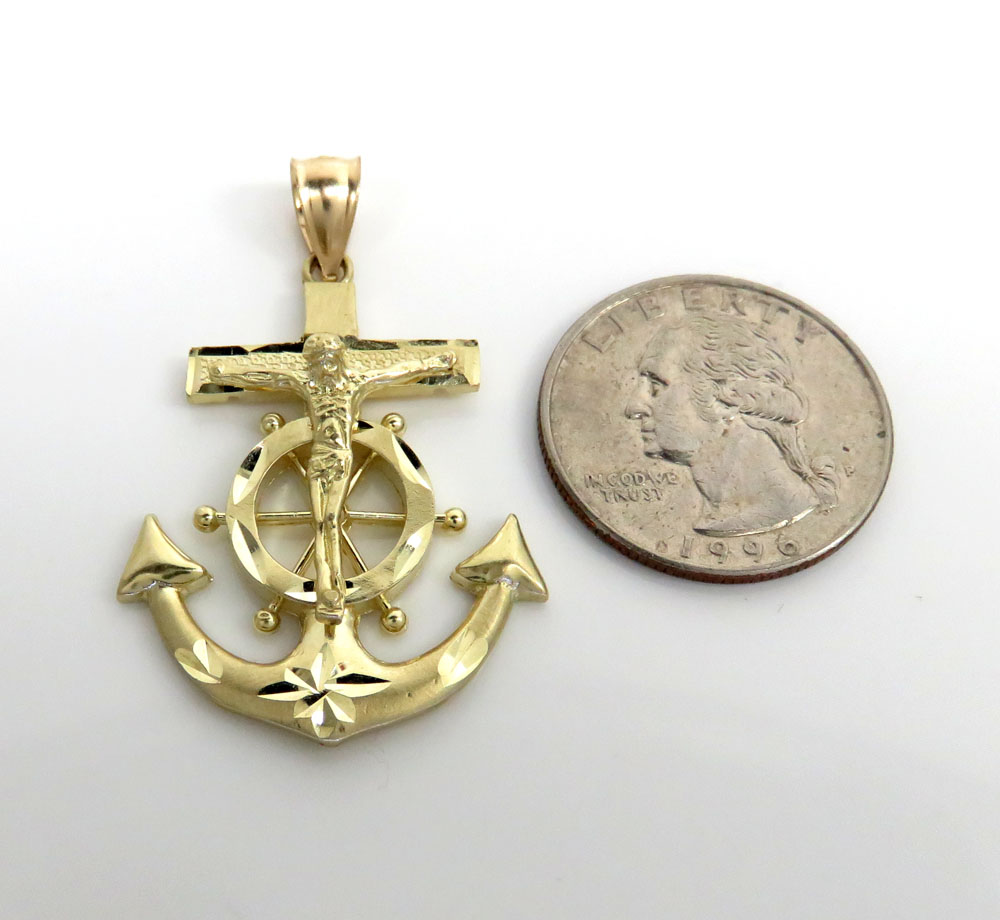 10k yellow gold solid medium diamond cut anchor jesus pendant