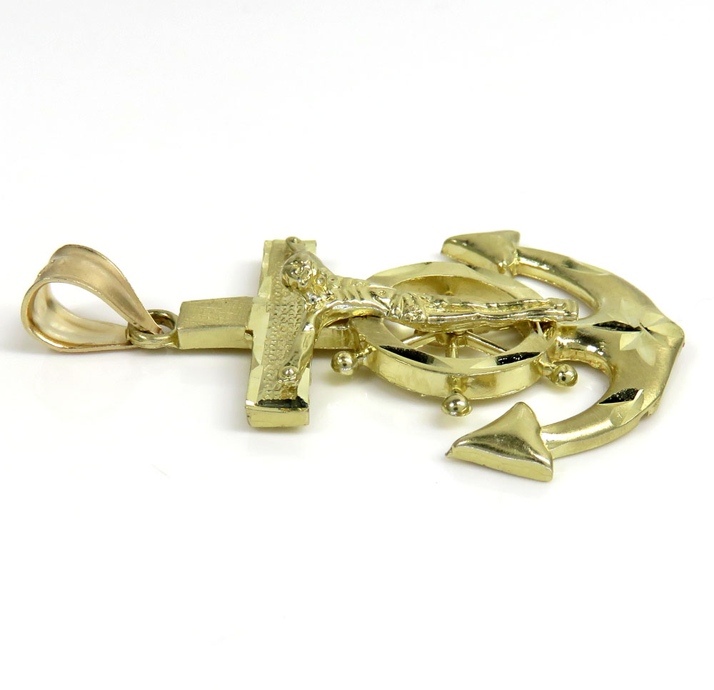 10k yellow gold solid medium diamond cut anchor jesus pendant - Image 3
