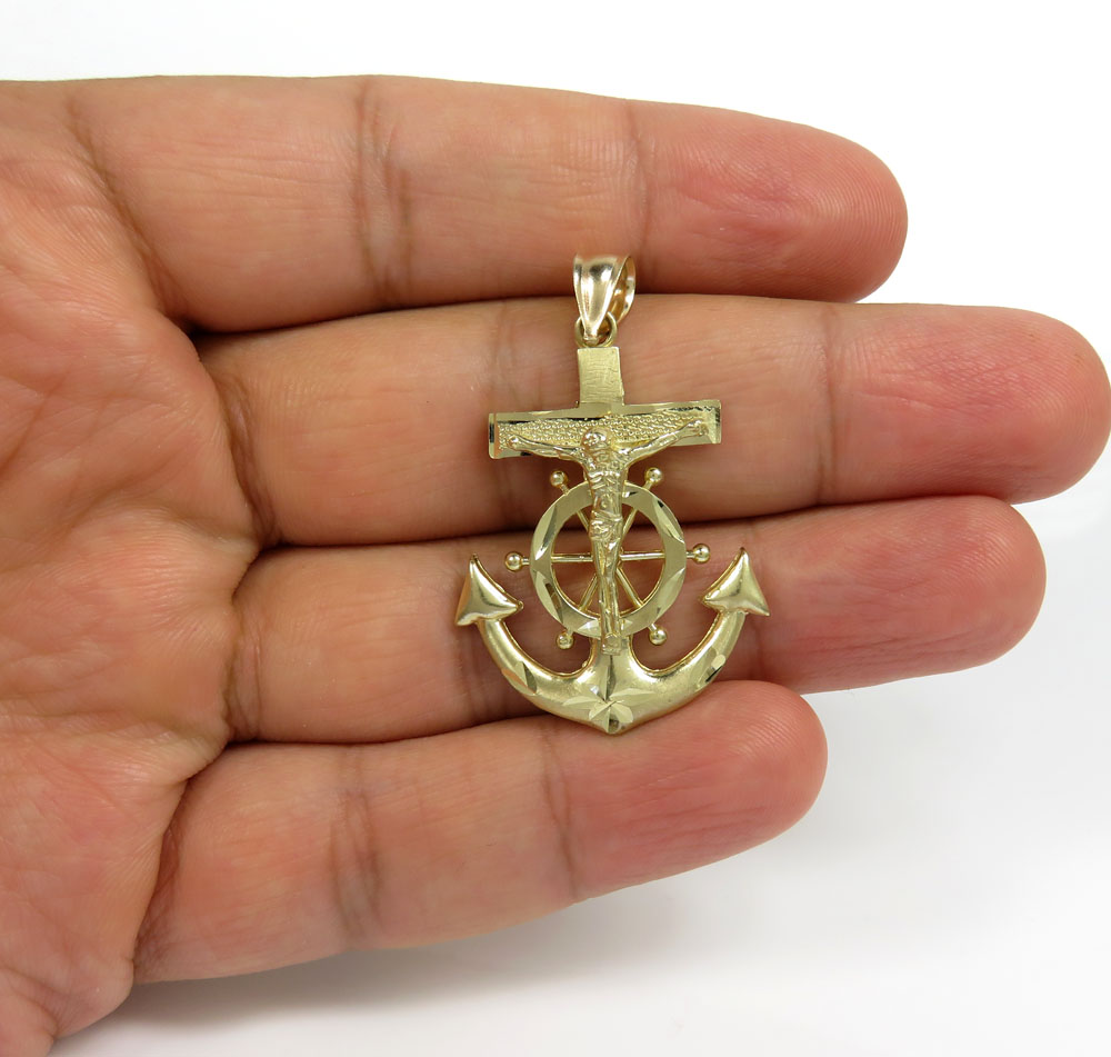 10k yellow gold solid medium diamond cut anchor jesus pendant