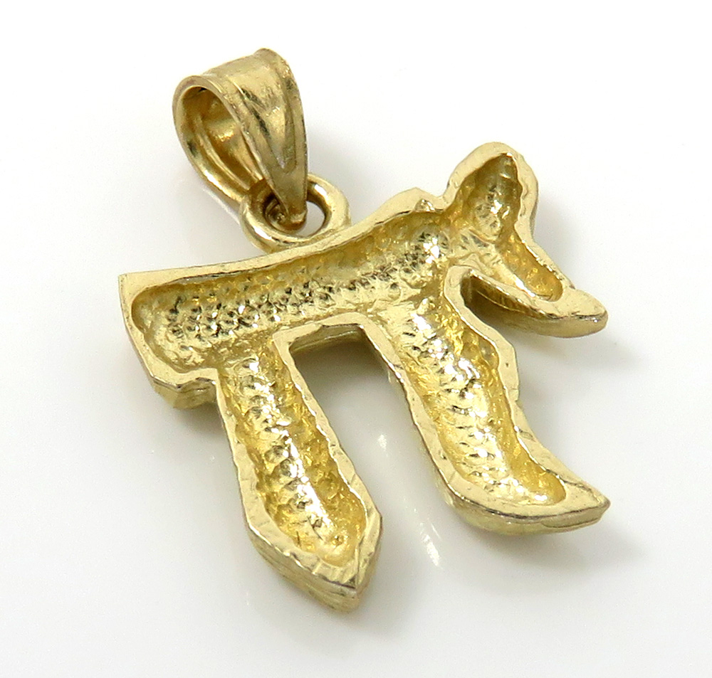 10k yellow gold mini diamond cut tree bark jewish chai pendant 