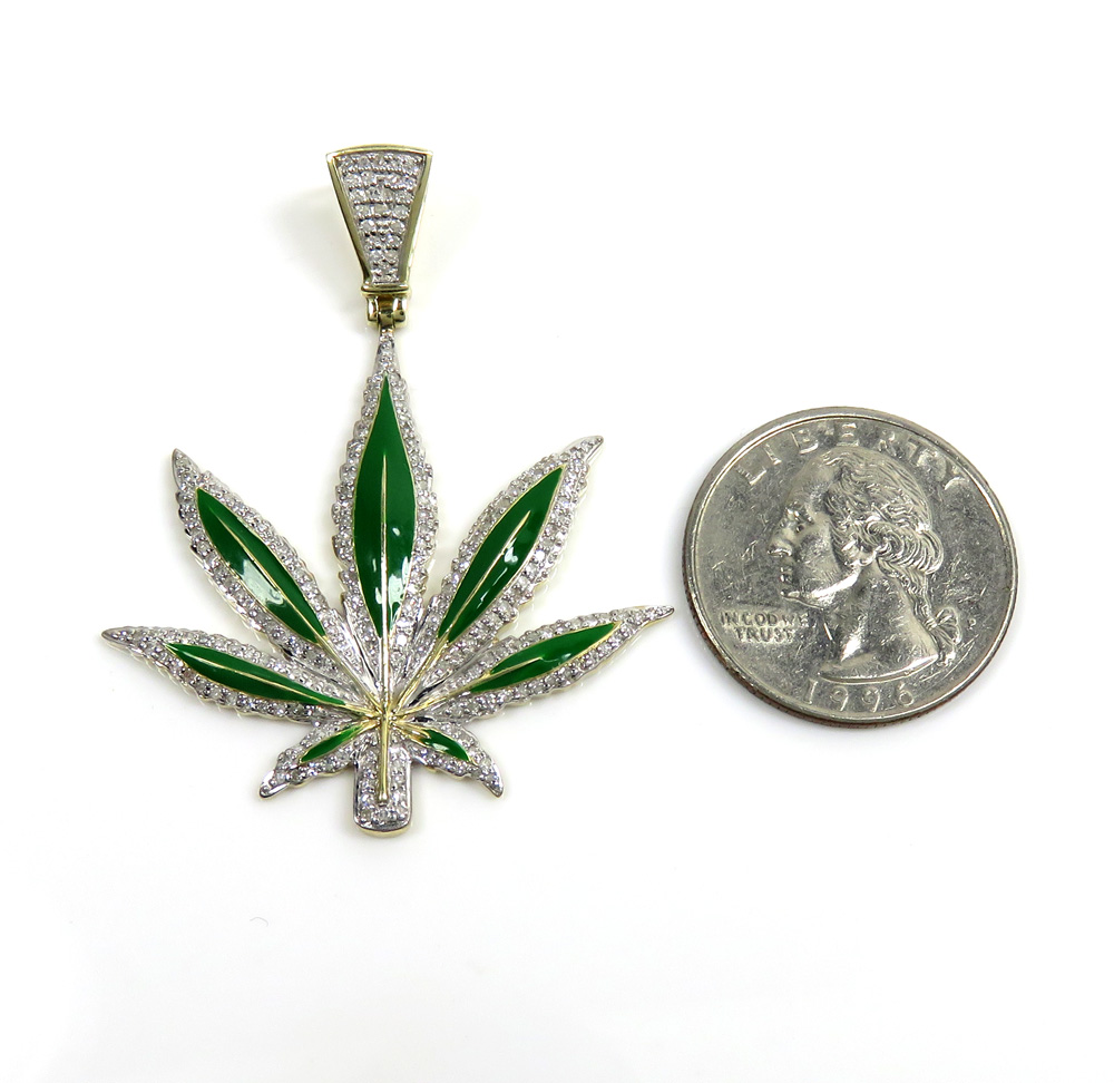 10k yellow gold diamond large green enamel marijuana leaf pendant 1.00ct - Image 2