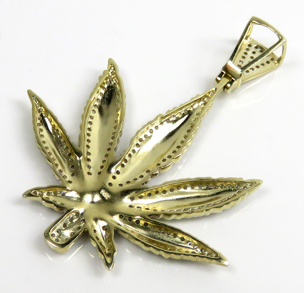 10k yellow gold diamond large green enamel marijuana leaf pendant 1.00ct - Image 3