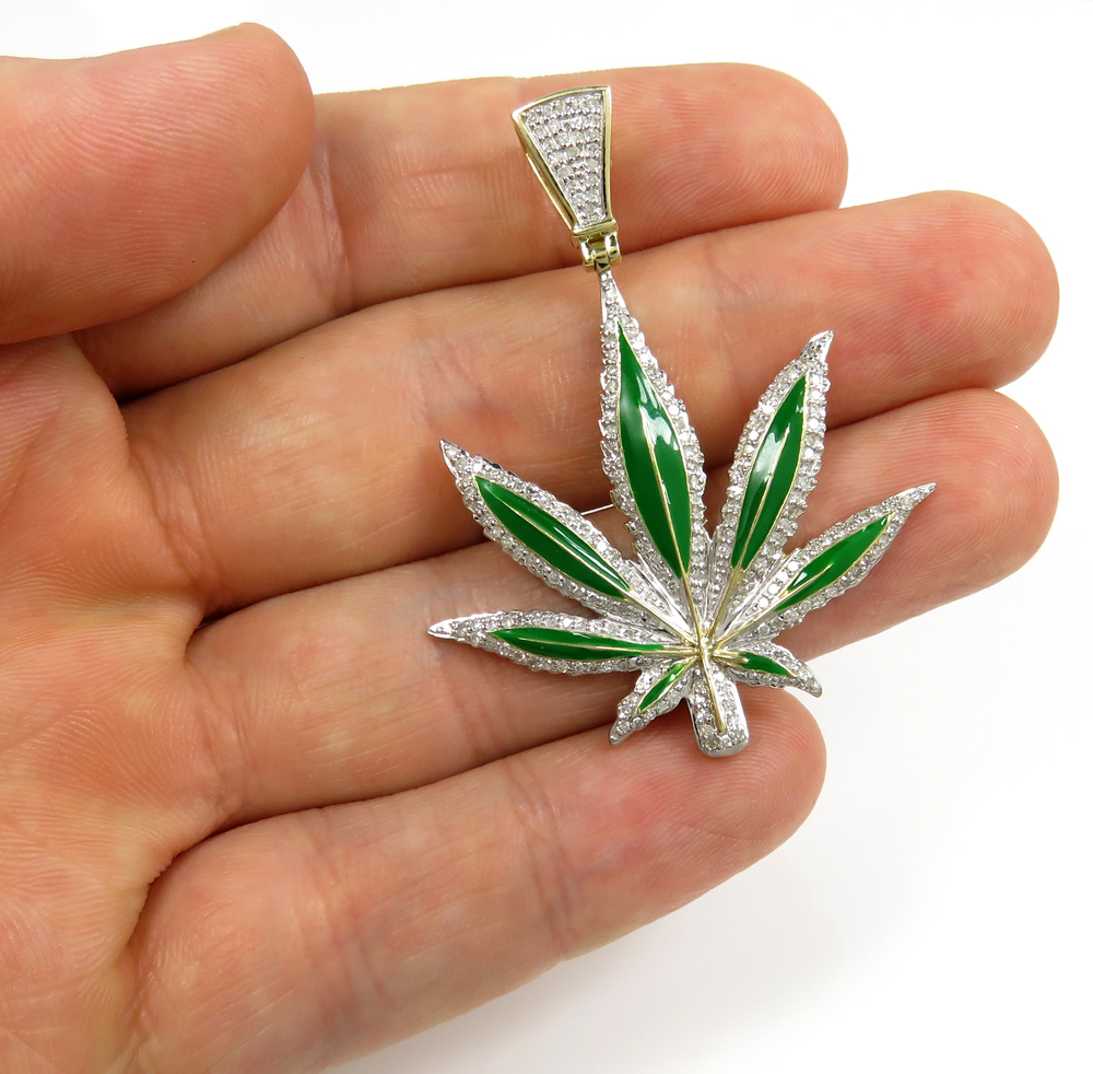 10k yellow gold diamond large green enamel marijuana leaf pendant 1.00ct - Image 4