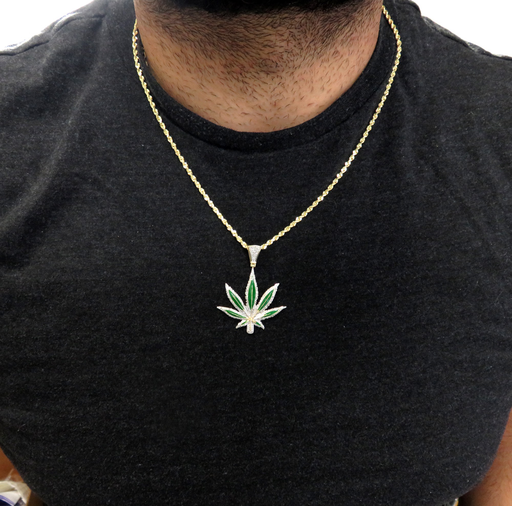 10k yellow gold diamond large green enamel marijuana leaf pendant 1.00ct - Image 5