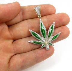 10k yellow gold diamond large green enamel marijuana leaf pendant 1.00ct