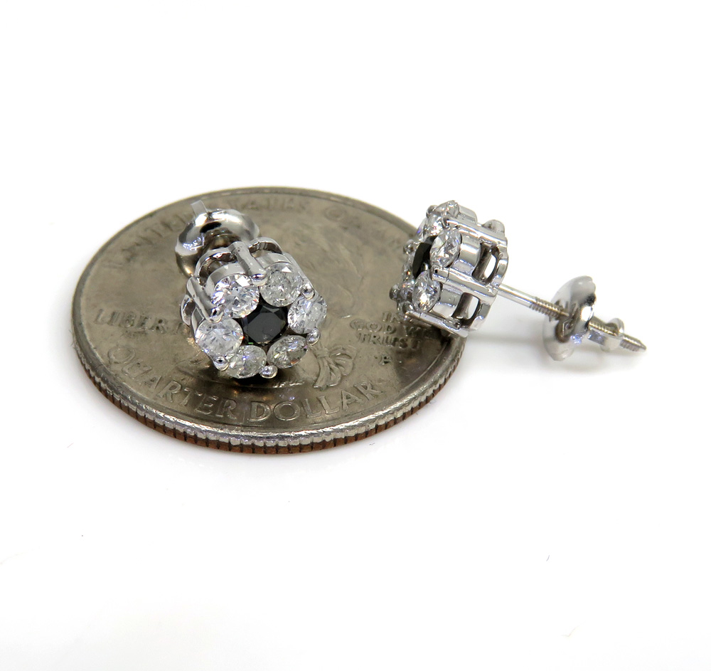 14k gold black & white diamond 7mm cluster earrings 1.00ct