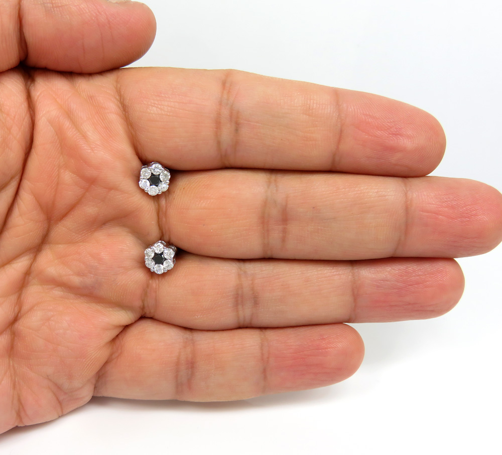 14k gold black & white diamond 7mm cluster earrings 1.00ct