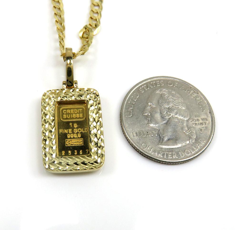 10k yellow gold diamond cut frame with suisse 24k gold mini bar pendant - Image 2