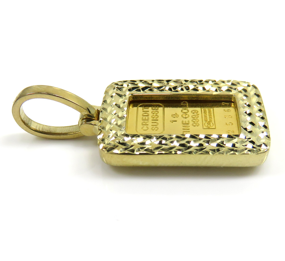 10k yellow gold diamond cut frame with suisse 24k gold mini bar pendant - Image 3