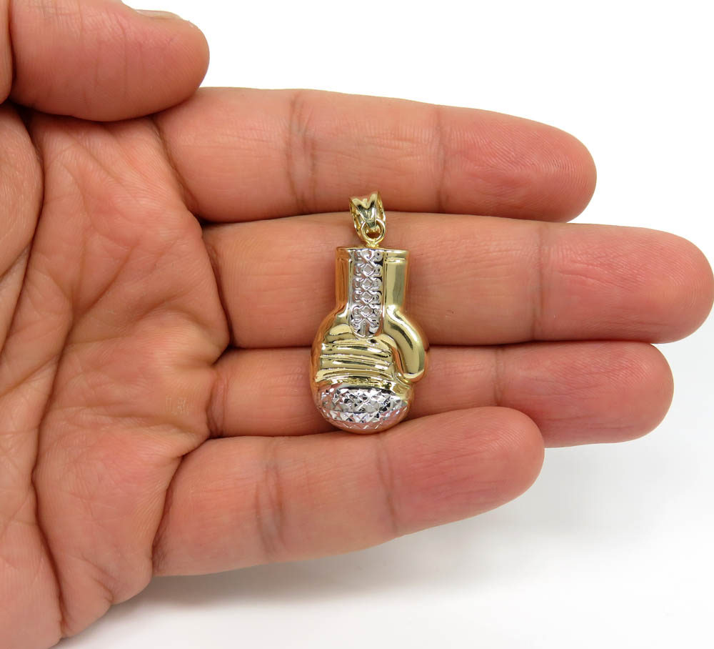 14k yellow gold two tone small diamond cut 3-d boxing glove pendant 