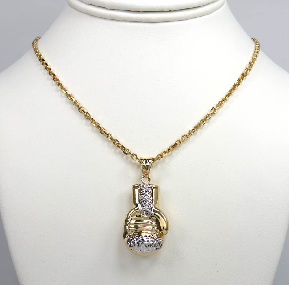 14k yellow gold two tone small diamond cut 3-d boxing glove pendant 
