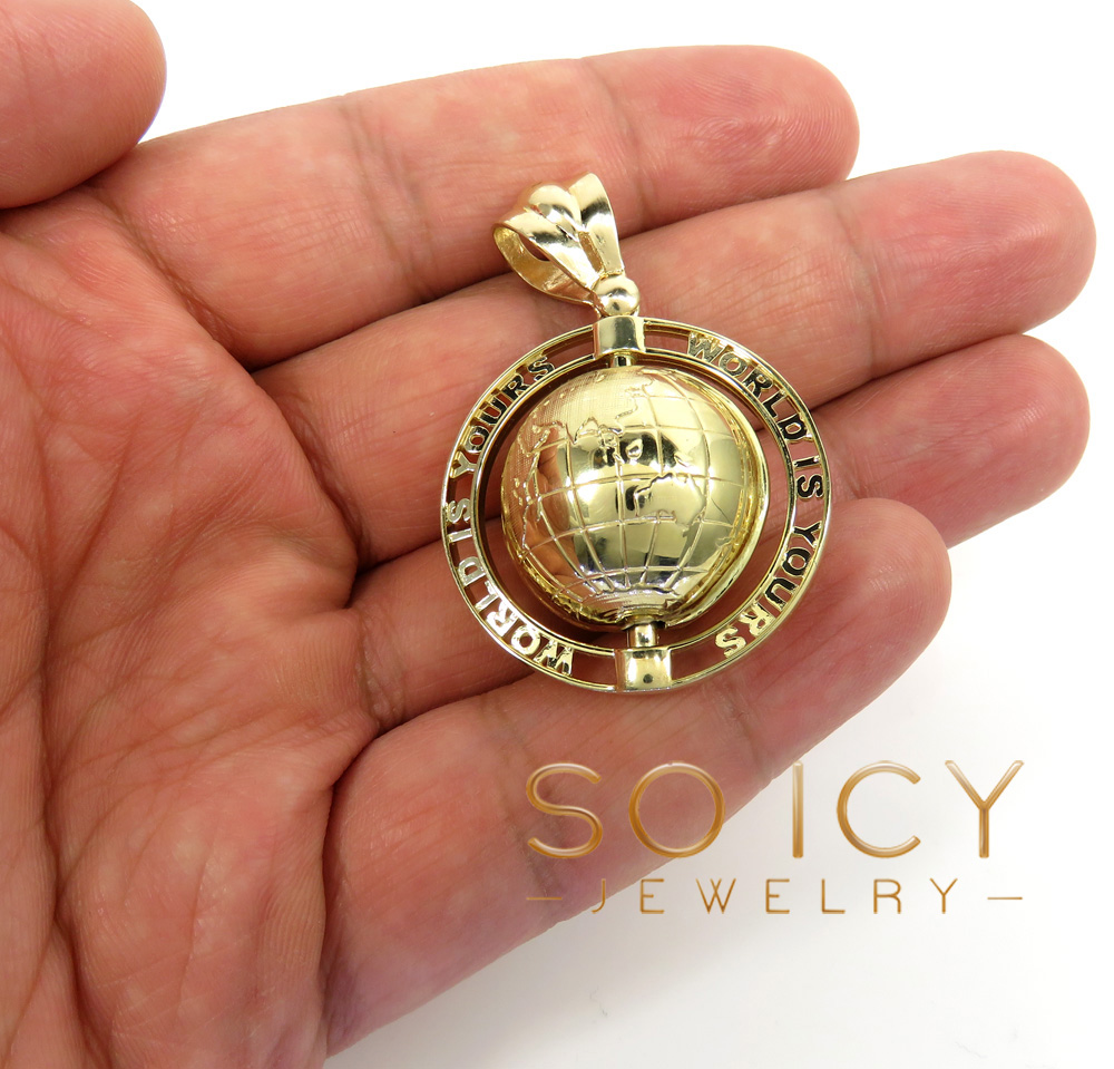 10k yellow gold the world is yours spinning globe medium pendant 