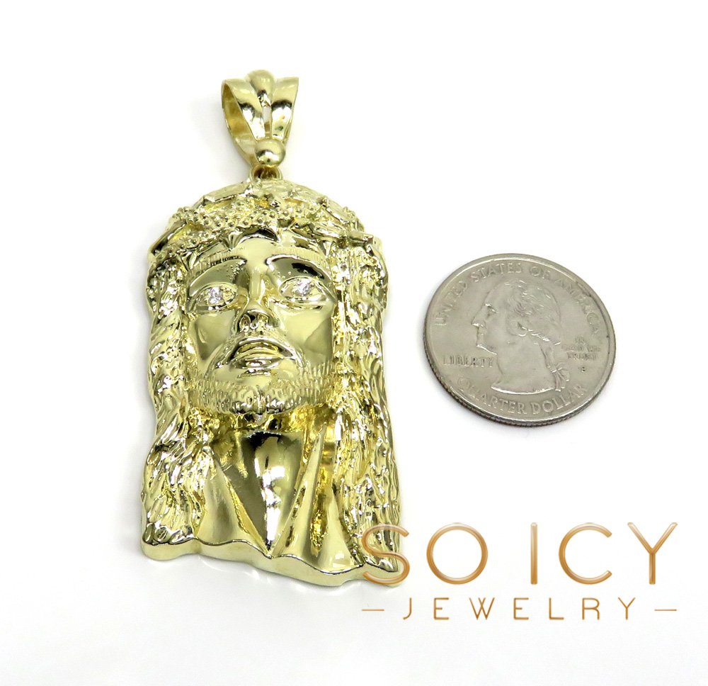 10k solid yellow gold xl classic cz jesus face pendant 0.10ct