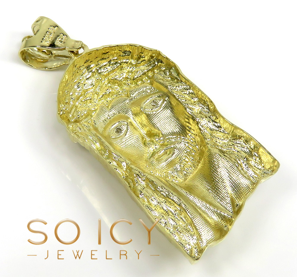 10k solid yellow gold xl classic cz jesus face pendant 0.10ct