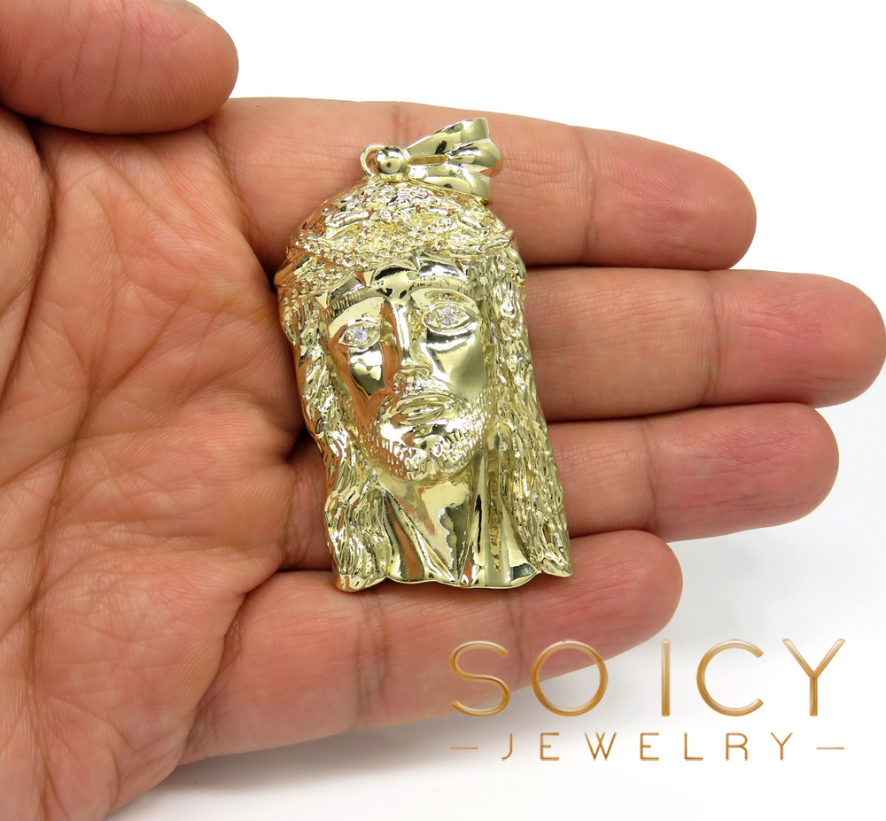 10k solid yellow gold xl classic cz jesus face pendant 0.10ct