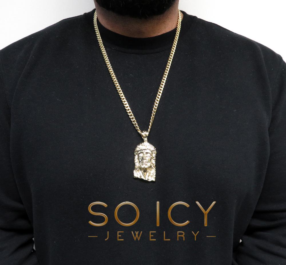 10k solid yellow gold xl classic cz jesus face pendant 0.10ct