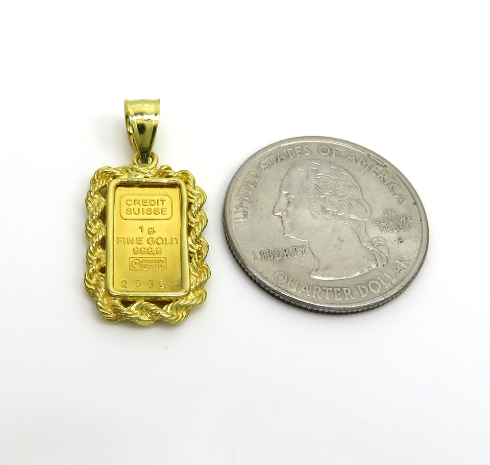 14k yellow gold rope frame with suisse 24k gold mini bar pendant 