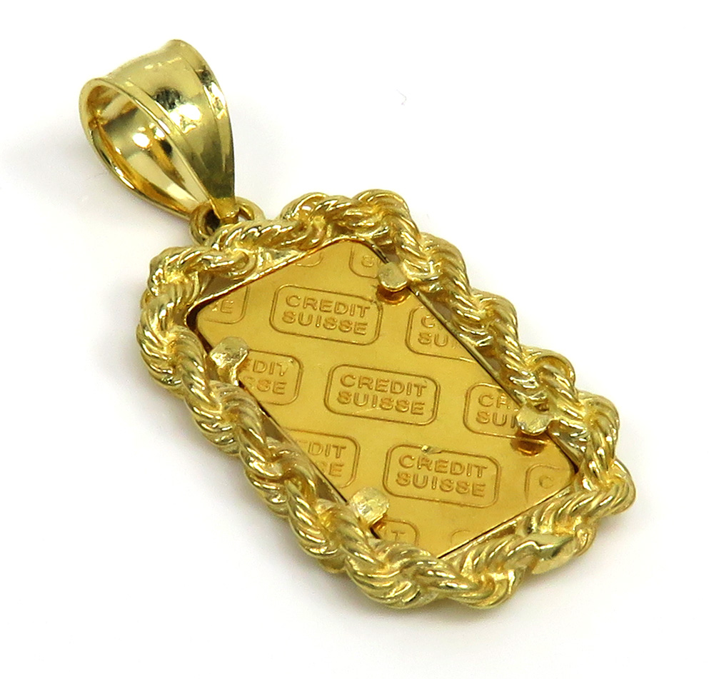 14k yellow gold rope frame with suisse 24k gold mini bar pendant 