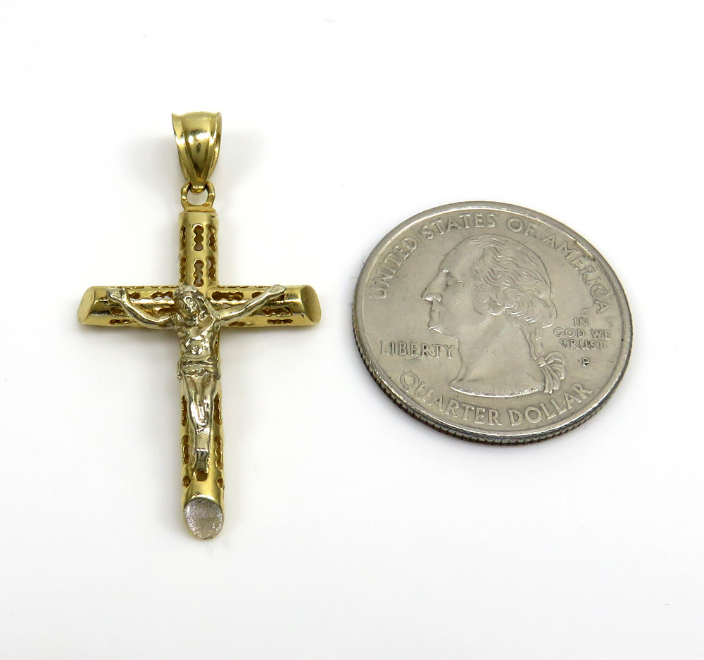 14k yellow gold small carved out hollow tube jesus cross