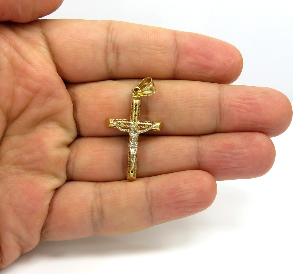 14k yellow gold small carved out hollow tube jesus cross - Image 5