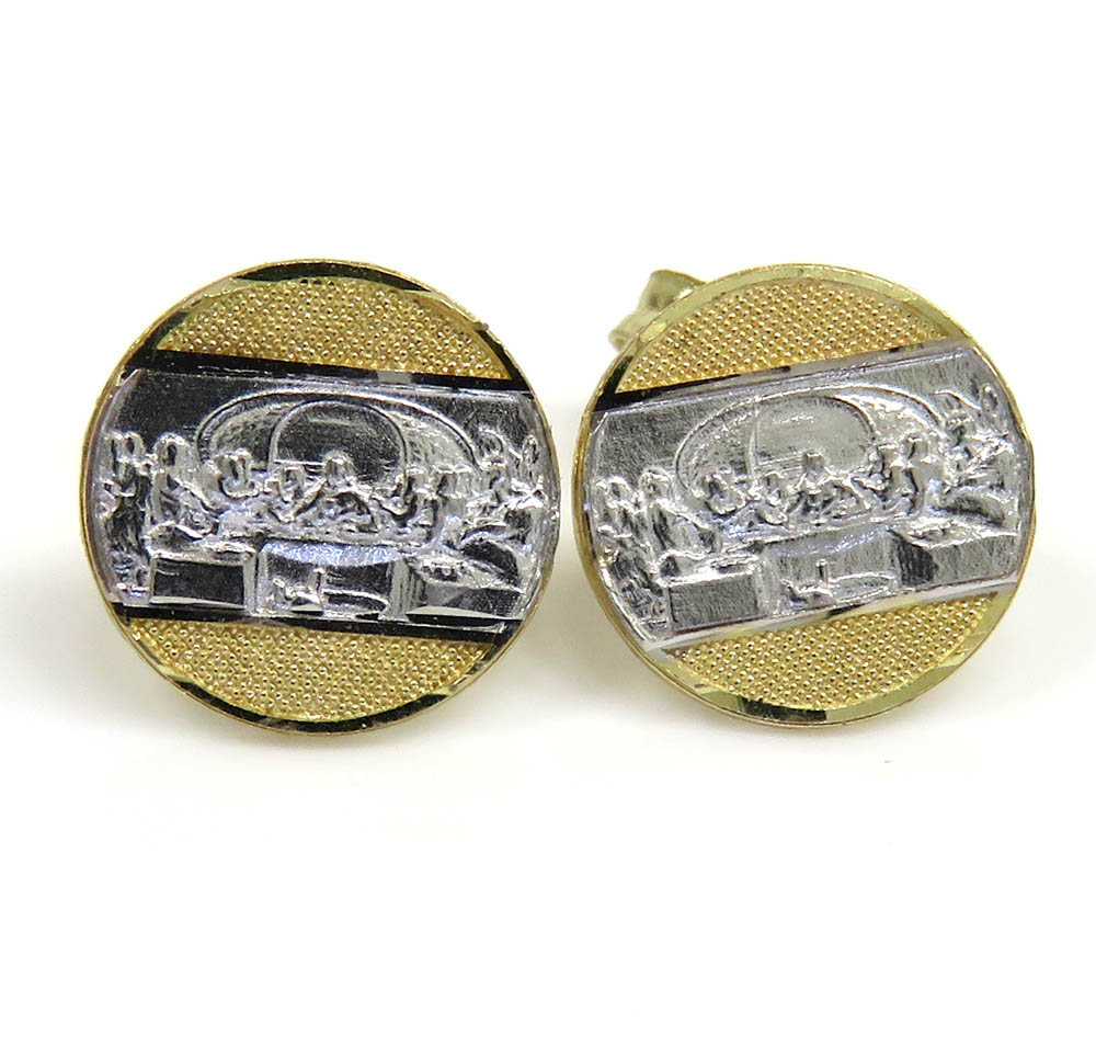 10k two tone gold mini round jesus apostles last supper earrings