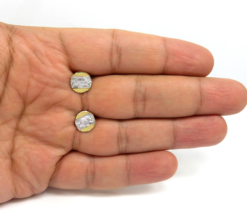 10k two tone gold mini round jesus apostles last supper earrings - Image 4