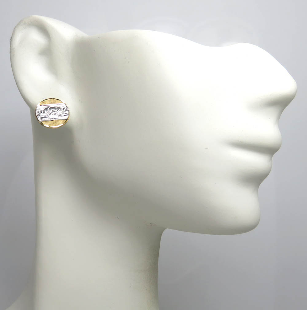 10k two tone gold mini round jesus apostles last supper earrings - Image 5