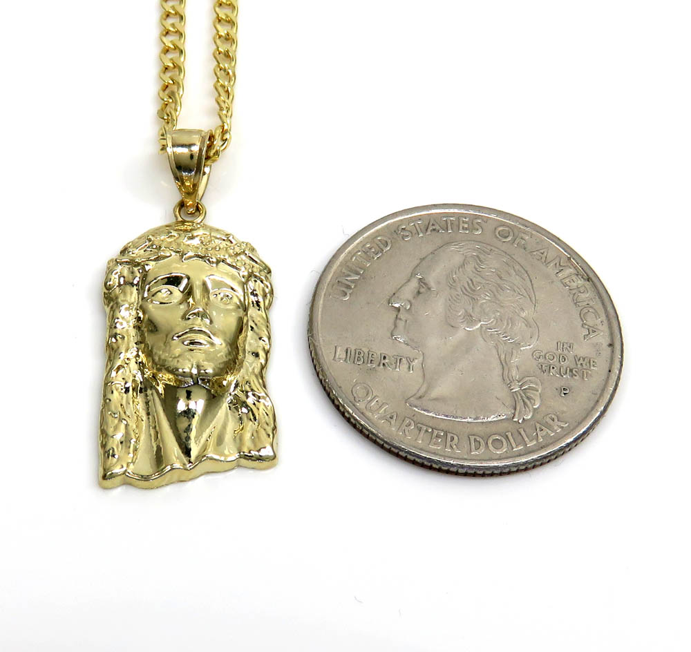 10k yellow gold small classic jesus pendant with 18-24 inch 2.50mm cuban chain  - Image 2
