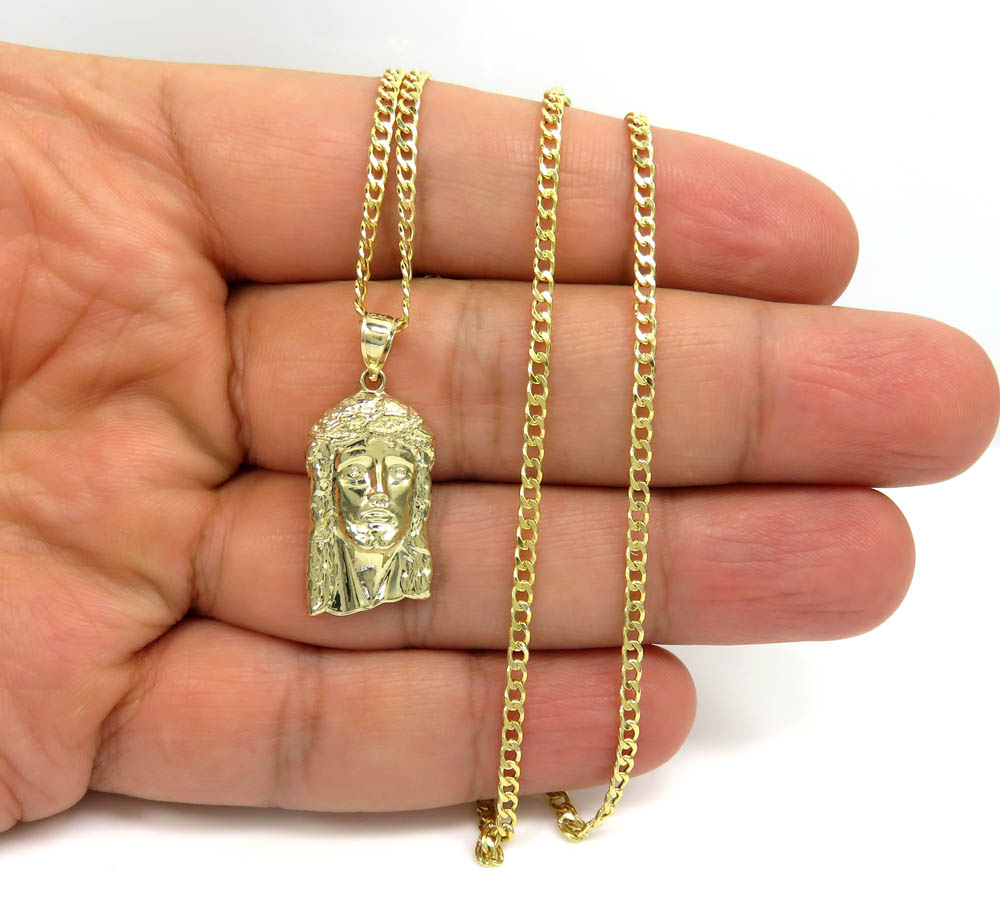 10k yellow gold small classic jesus pendant with 18-24 inch 2.50mm cuban chain  - Image 7