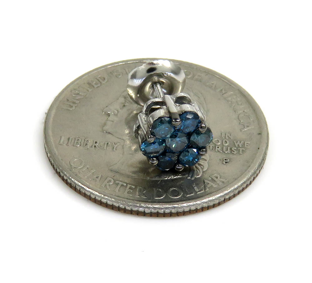 14k solid gold blue diamond 7mm single cluster earrings 0.50ct - Image 3