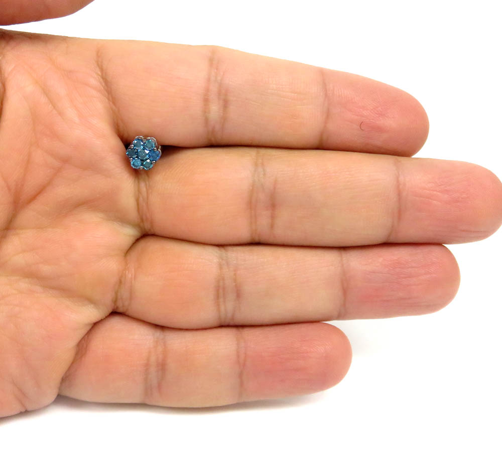 14k solid gold blue diamond 7mm single cluster earrings 0.50ct