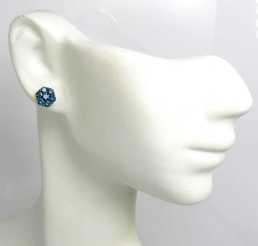 14k solid gold blue diamond 7mm single cluster earrings 0.50ct